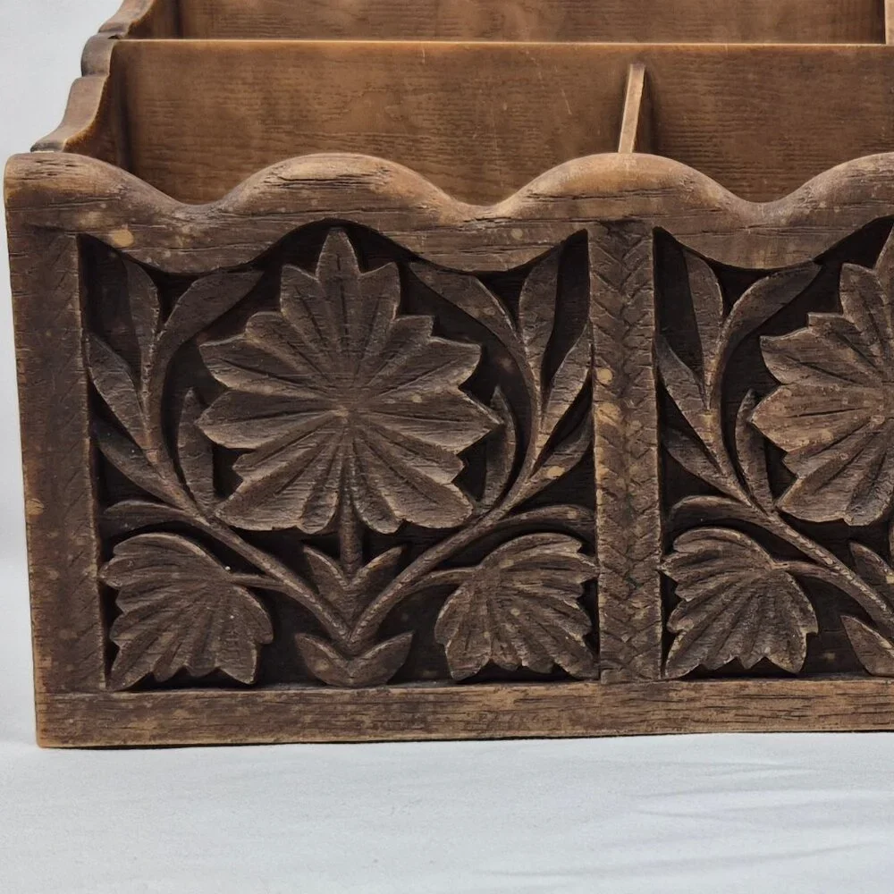 Vintage Lerner Brown Faux Carved Wood Office Desktop Organizer MCM 70's